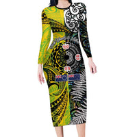 New Zealand and Cook Islands Together Family Matching Long Sleeve Bodycon Dress and Hawaiian Shirt Tatau Art Tribal Pattern-Maori Tattoo with Fern and Paua Shell LT03 Mom's Dress Art - Polynesian Pride