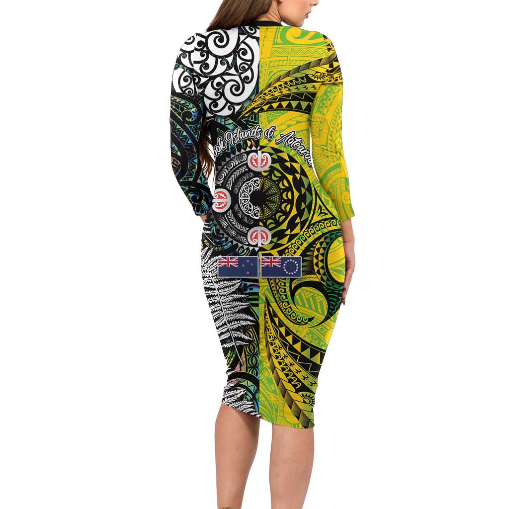 New Zealand and Cook Islands Together Family Matching Long Sleeve Bodycon Dress and Hawaiian Shirt Tatau Art Tribal Pattern-Maori Tattoo with Fern and Paua Shell LT03 - Polynesian Pride