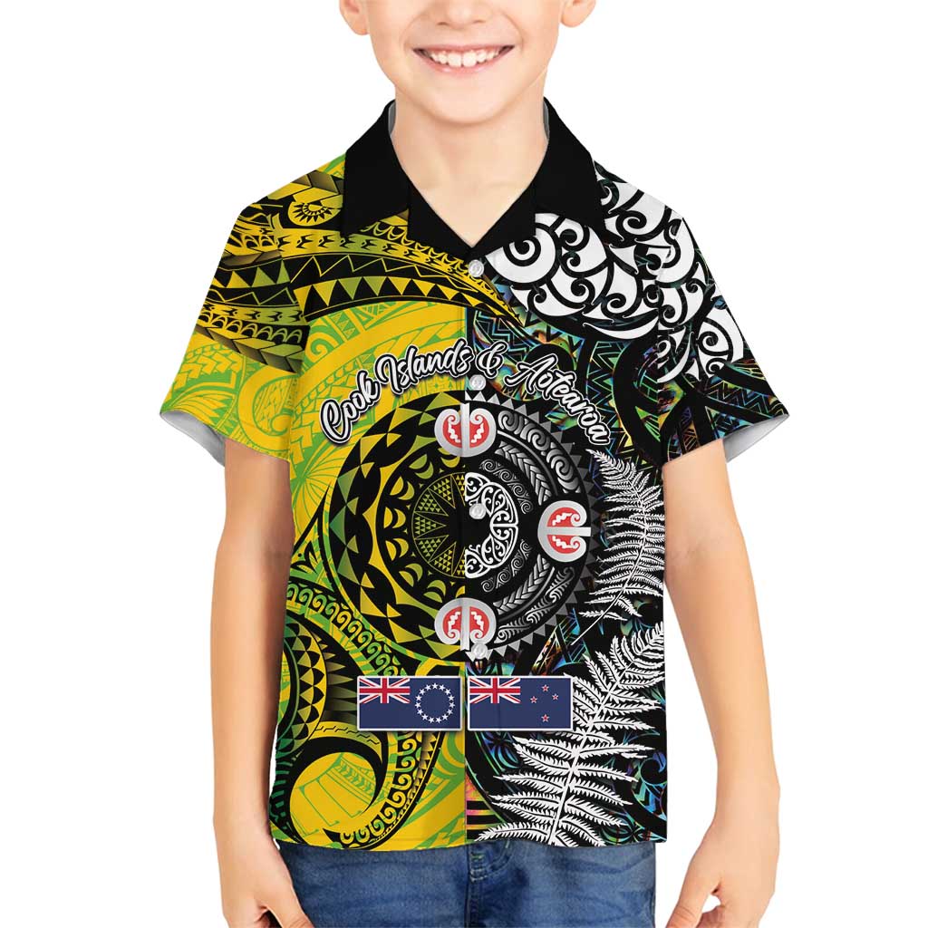 New Zealand and Cook Islands Together Family Matching Long Sleeve Bodycon Dress and Hawaiian Shirt Tatau Art Tribal Pattern-Maori Tattoo with Fern and Paua Shell LT03 Son's Shirt Art - Polynesian Pride