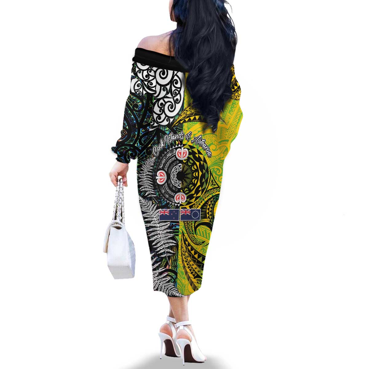 New Zealand and Cook Islands Together Family Matching Off The Shoulder Long Sleeve Dress and Hawaiian Shirt Tatau Art Tribal Pattern-Maori Tattoo with Fern and Paua Shell