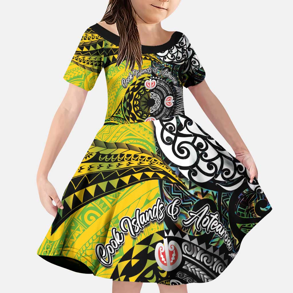 New Zealand and Cook Islands Together Family Matching Puletasi and Hawaiian Shirt Tatau Art Tribal Pattern-Maori Tattoo with Fern and Paua Shell LT03 Daughter's Dress Art - Polynesian Pride