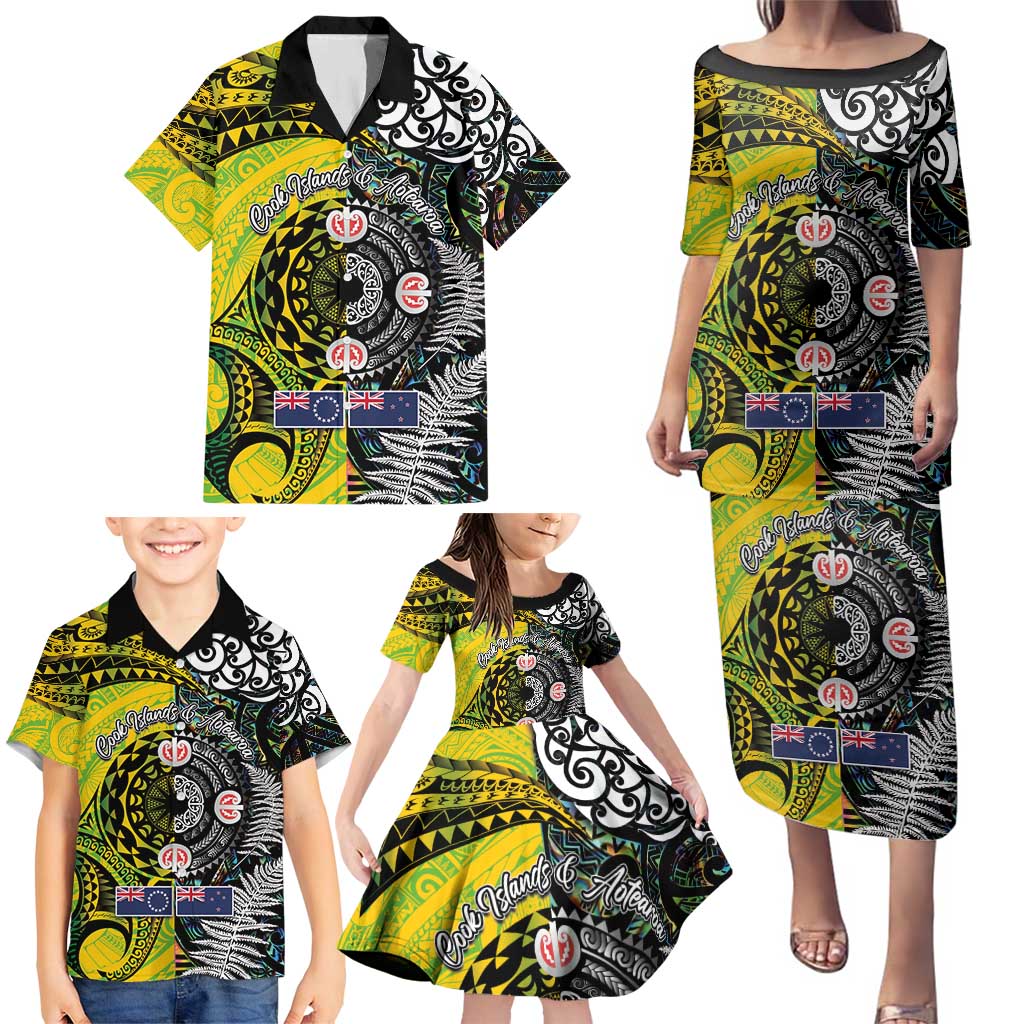 New Zealand and Cook Islands Together Family Matching Puletasi and Hawaiian Shirt Tatau Art Tribal Pattern-Maori Tattoo with Fern and Paua Shell LT03 - Polynesian Pride