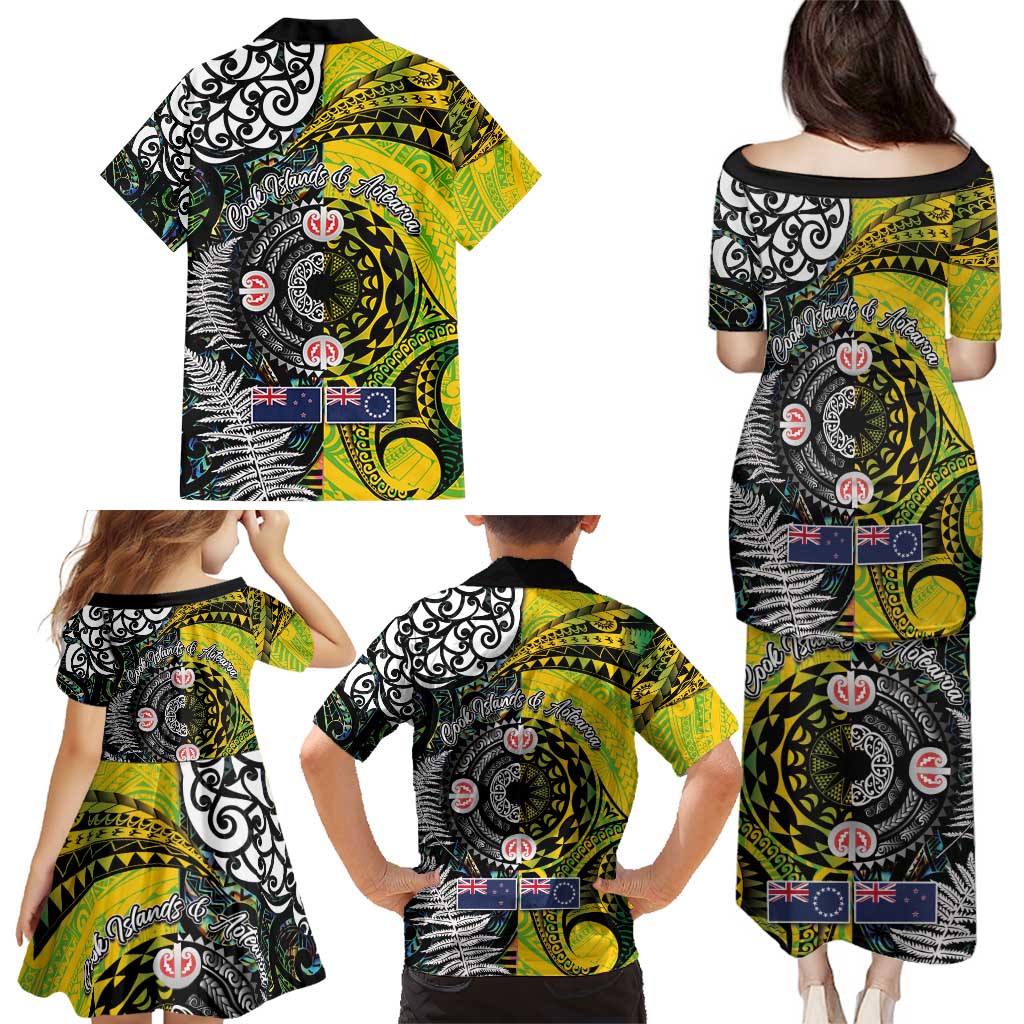 New Zealand and Cook Islands Together Family Matching Puletasi and Hawaiian Shirt Tatau Art Tribal Pattern-Maori Tattoo with Fern and Paua Shell LT03 - Polynesian Pride