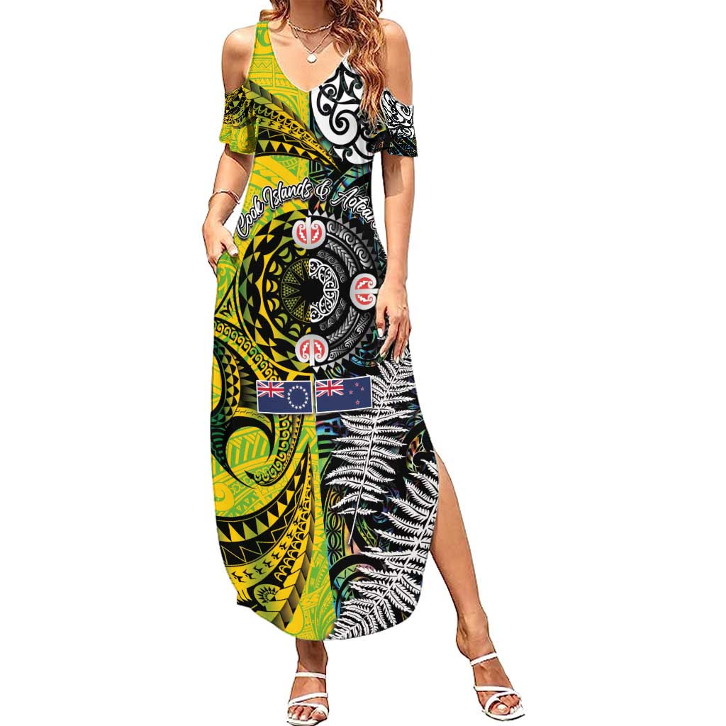 New Zealand and Cook Islands Together Family Matching Summer Maxi Dress and Hawaiian Shirt Tatau Art Tribal Pattern-Maori Tattoo with Fern and Paua Shell
