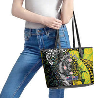New Zealand and Cook Islands Together Leather Tote Bag Tatau Art Tribal Pattern-Maori Tattoo with Fern and Paua Shell
