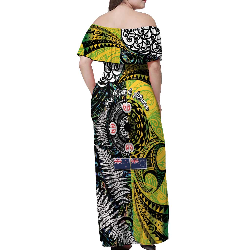 New Zealand and Cook Islands Together Off Shoulder Maxi Dress Tatau Art Tribal Pattern-Maori Tattoo with Fern and Paua Shell