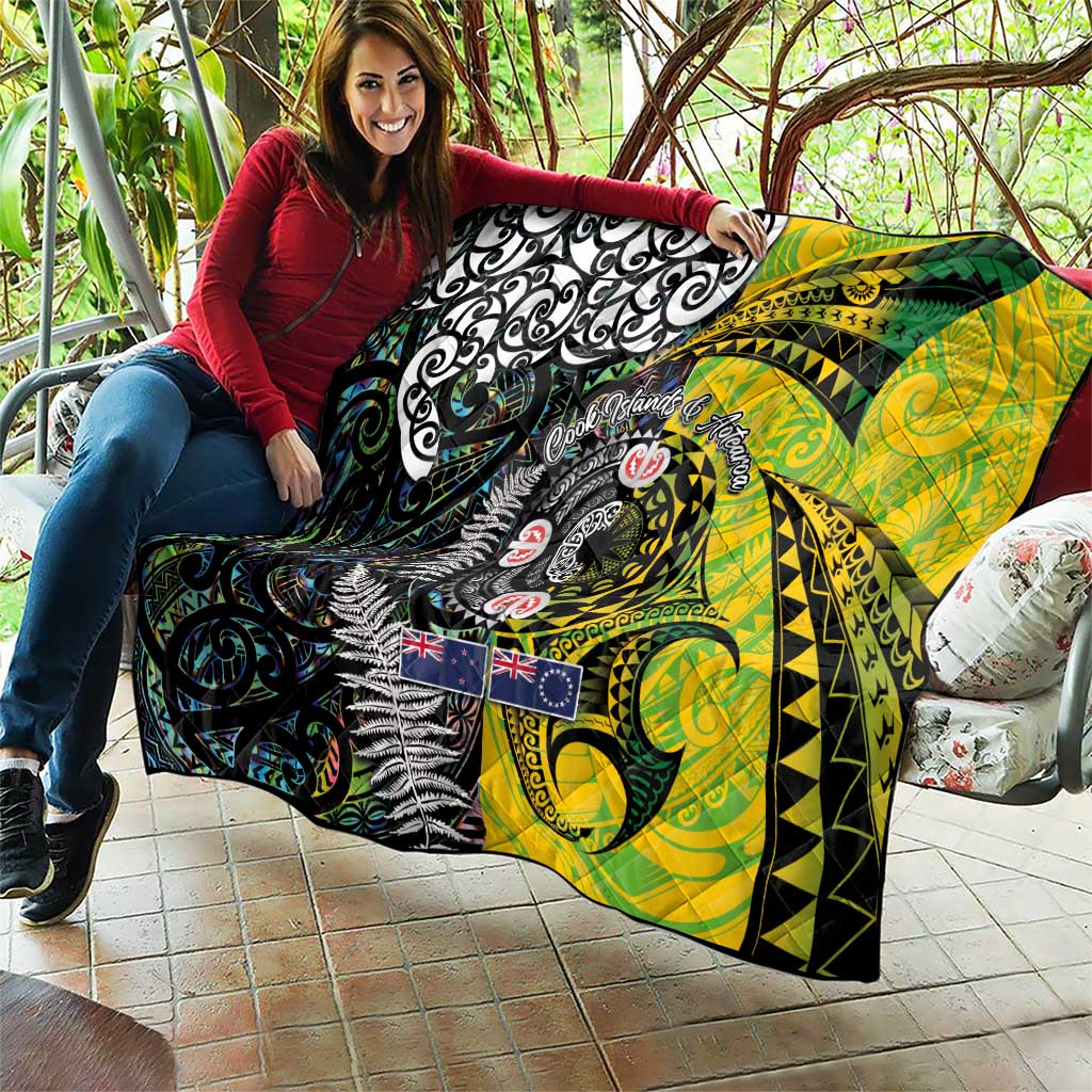 New Zealand and Cook Islands Together Quilt Tatau Art Tribal Pattern-Maori Tattoo with Fern and Paua Shell