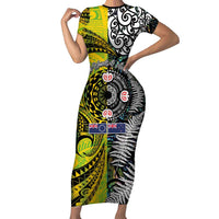 New Zealand and Cook Islands Together Short Sleeve Bodycon Dress Tatau Art Tribal Pattern-Maori Tattoo with Fern and Paua Shell