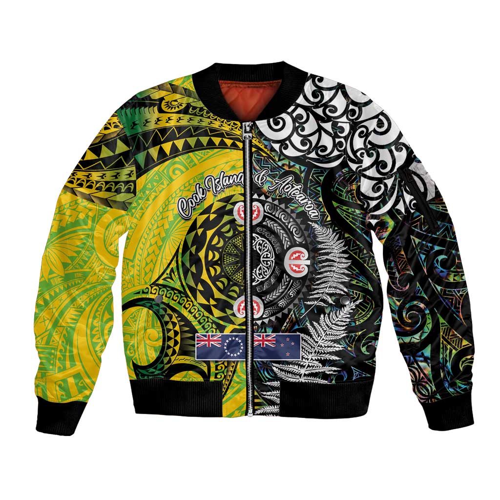 New Zealand and Cook Islands Together Sleeve Zip Bomber Jacket Tatau Art Tribal Pattern-Maori Tattoo with Fern and Paua Shell