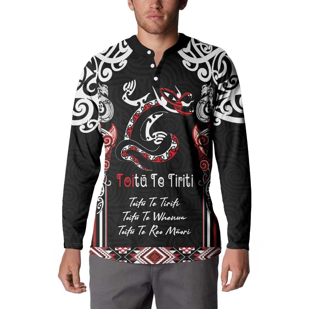 Aotearoa Toitu Te Tiriti-Maori Taniwha Button Sweatshirt Toitu Te Whenua Toitu Te Reo Maori