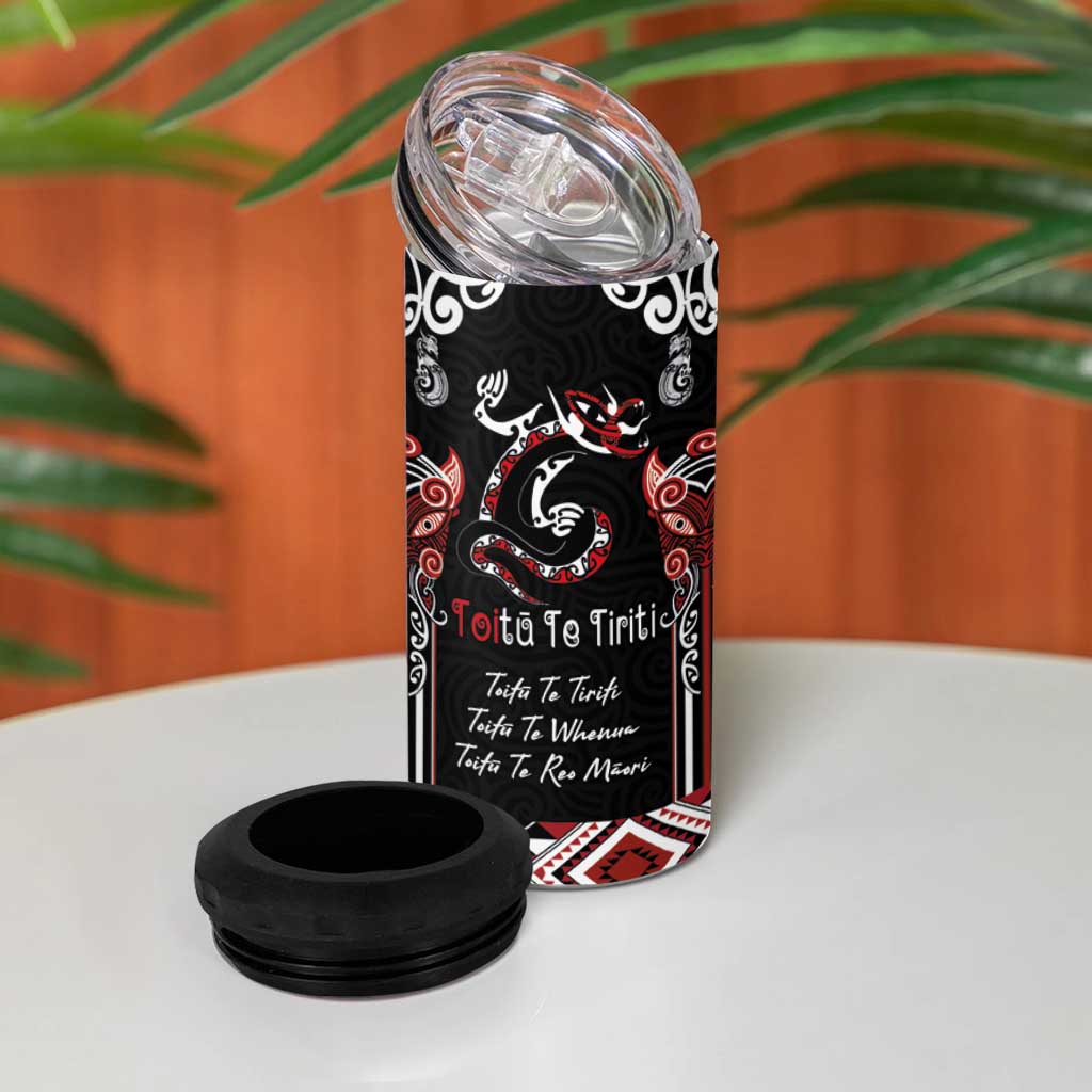 Aotearoa Toitu Te Tiriti-Maori Taniwha 4 in 1 Can Cooler Tumbler Toitu Te Whenua Toitu Te Reo Maori