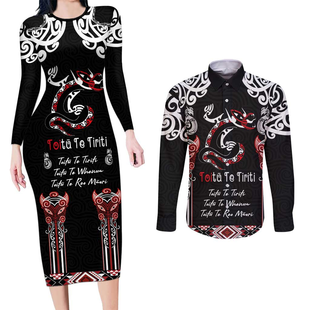 Aotearoa Toitu Te Tiriti-Maori Taniwha Couples Matching Long Sleeve Bodycon Dress and Long Sleeve Button Shirt Toitu Te Whenua Toitu Te Reo Maori