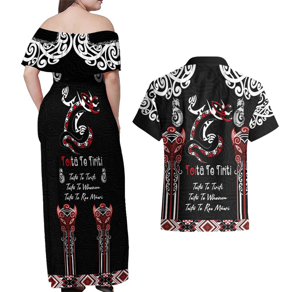 Aotearoa Toitu Te Tiriti-Maori Taniwha Couples Matching Off Shoulder Maxi Dress and Hawaiian Shirt Toitu Te Whenua Toitu Te Reo Maori