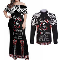 Aotearoa Toitu Te Tiriti-Maori Taniwha Couples Matching Off Shoulder Maxi Dress and Long Sleeve Button Shirt Toitu Te Whenua Toitu Te Reo Maori