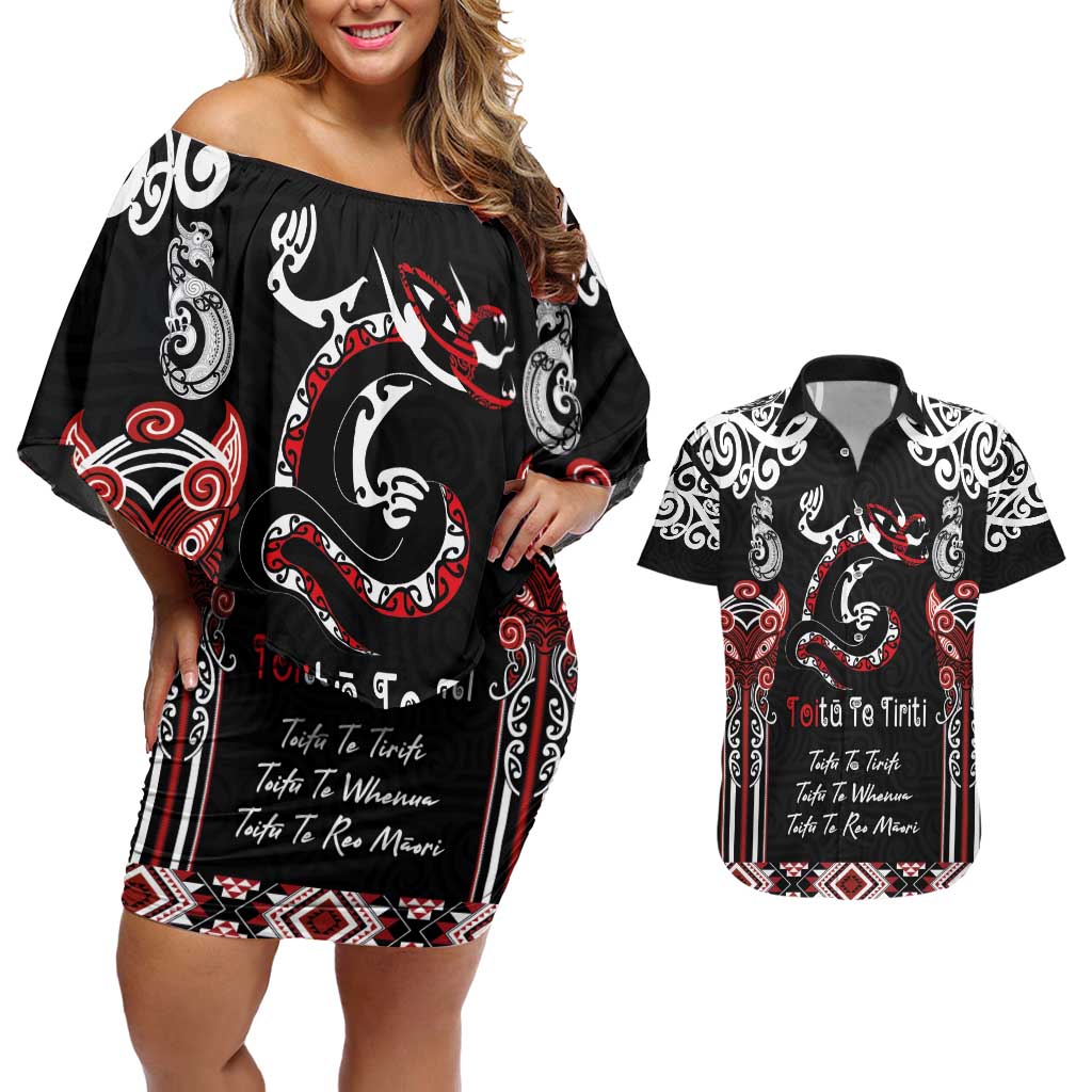 Aotearoa Toitu Te Tiriti-Maori Taniwha Couples Matching Off Shoulder Short Dress and Hawaiian Shirt Toitu Te Whenua Toitu Te Reo Maori