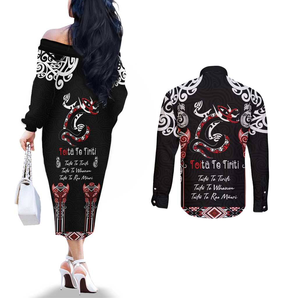 Aotearoa Toitu Te Tiriti-Maori Taniwha Couples Matching Off The Shoulder Long Sleeve Dress and Long Sleeve Button Shirt Toitu Te Whenua Toitu Te Reo Maori