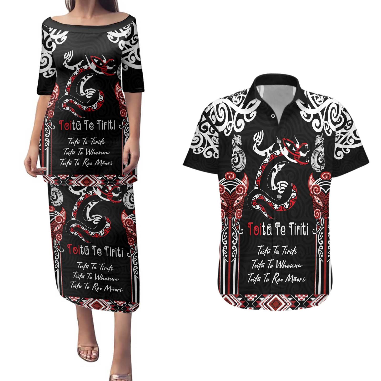 Aotearoa Toitu Te Tiriti-Maori Taniwha Couples Matching Puletasi and Hawaiian Shirt Toitu Te Whenua Toitu Te Reo Maori