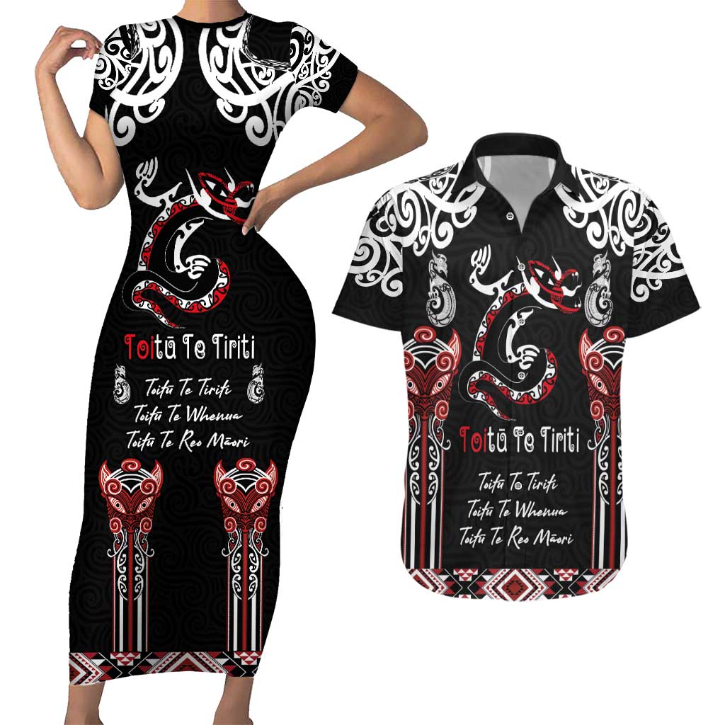 Aotearoa Toitu Te Tiriti-Maori Taniwha Couples Matching Short Sleeve Bodycon Dress and Hawaiian Shirt Toitu Te Whenua Toitu Te Reo Maori