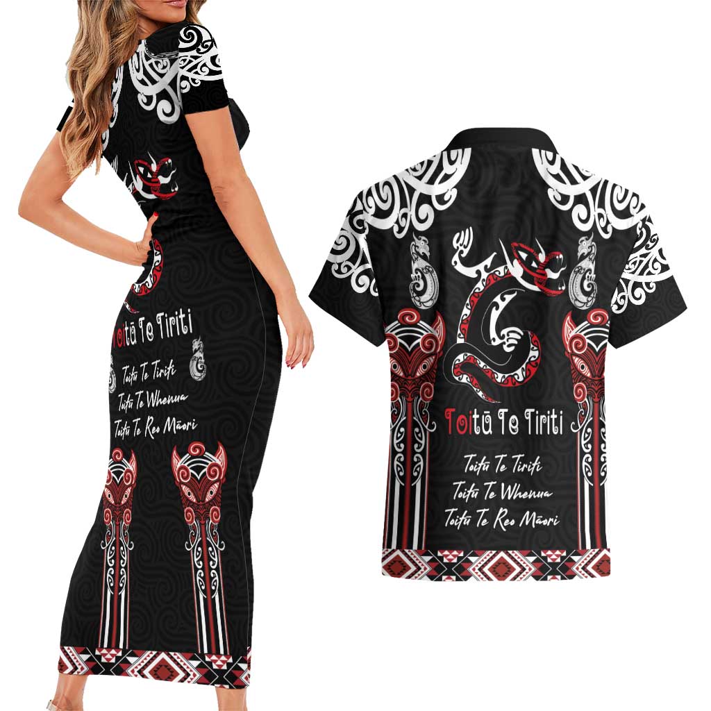 Aotearoa Toitu Te Tiriti-Maori Taniwha Couples Matching Short Sleeve Bodycon Dress and Hawaiian Shirt Toitu Te Whenua Toitu Te Reo Maori