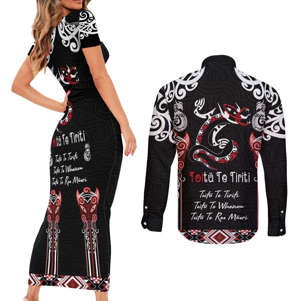 Aotearoa Toitu Te Tiriti-Maori Taniwha Couples Matching Short Sleeve Bodycon Dress and Long Sleeve Button Shirt Toitu Te Whenua Toitu Te Reo Maori