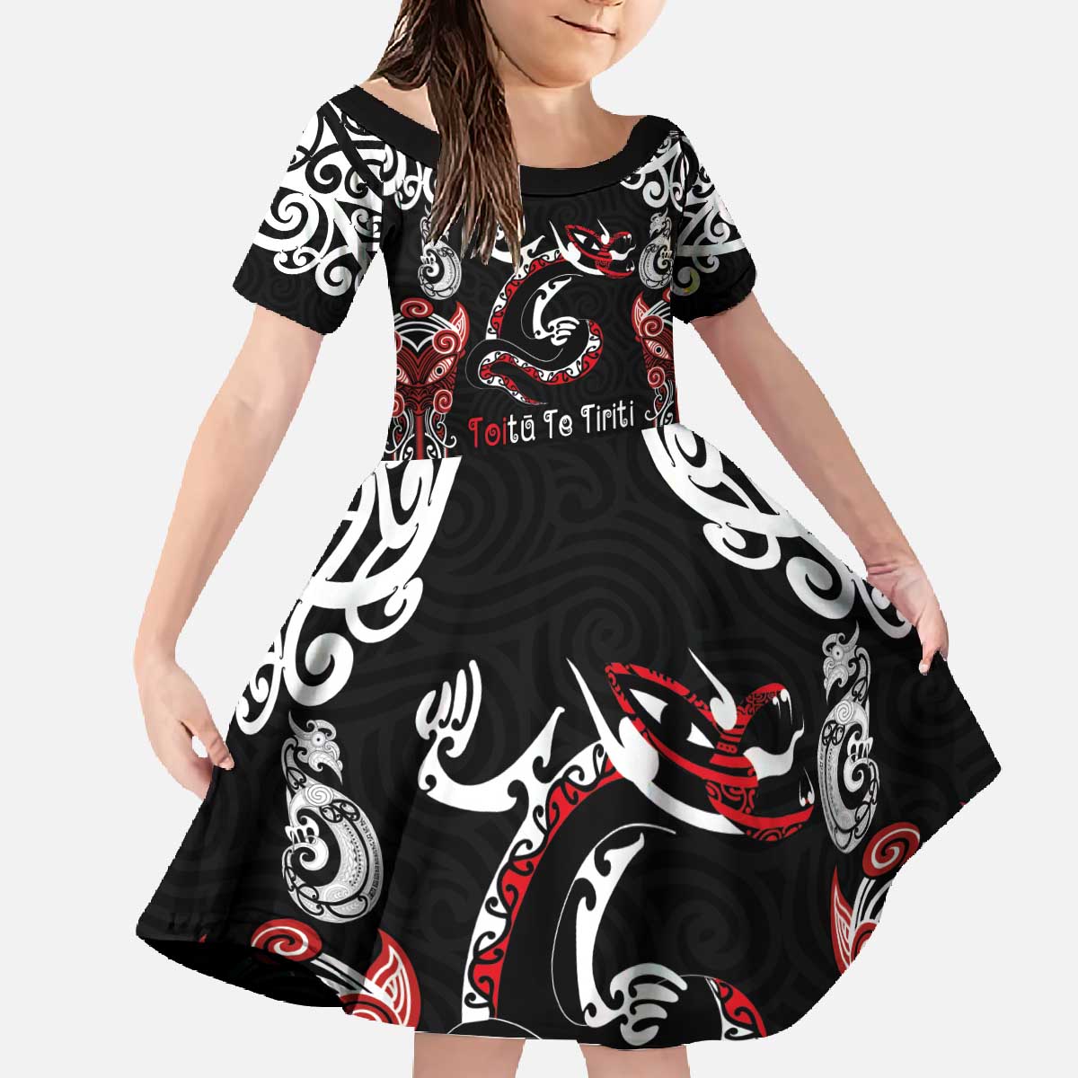 Aotearoa Toitu Te Tiriti-Maori Taniwha Family Matching Off The Shoulder Long Sleeve Dress and Hawaiian Shirt Toitu Te Whenua Toitu Te Reo Maori