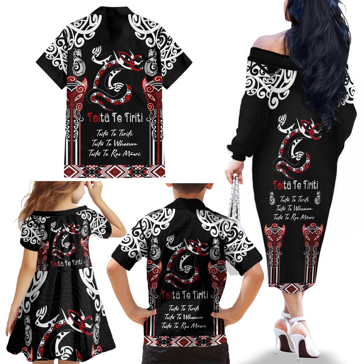 Aotearoa Toitu Te Tiriti-Maori Taniwha Family Matching Off The Shoulder Long Sleeve Dress and Hawaiian Shirt Toitu Te Whenua Toitu Te Reo Maori