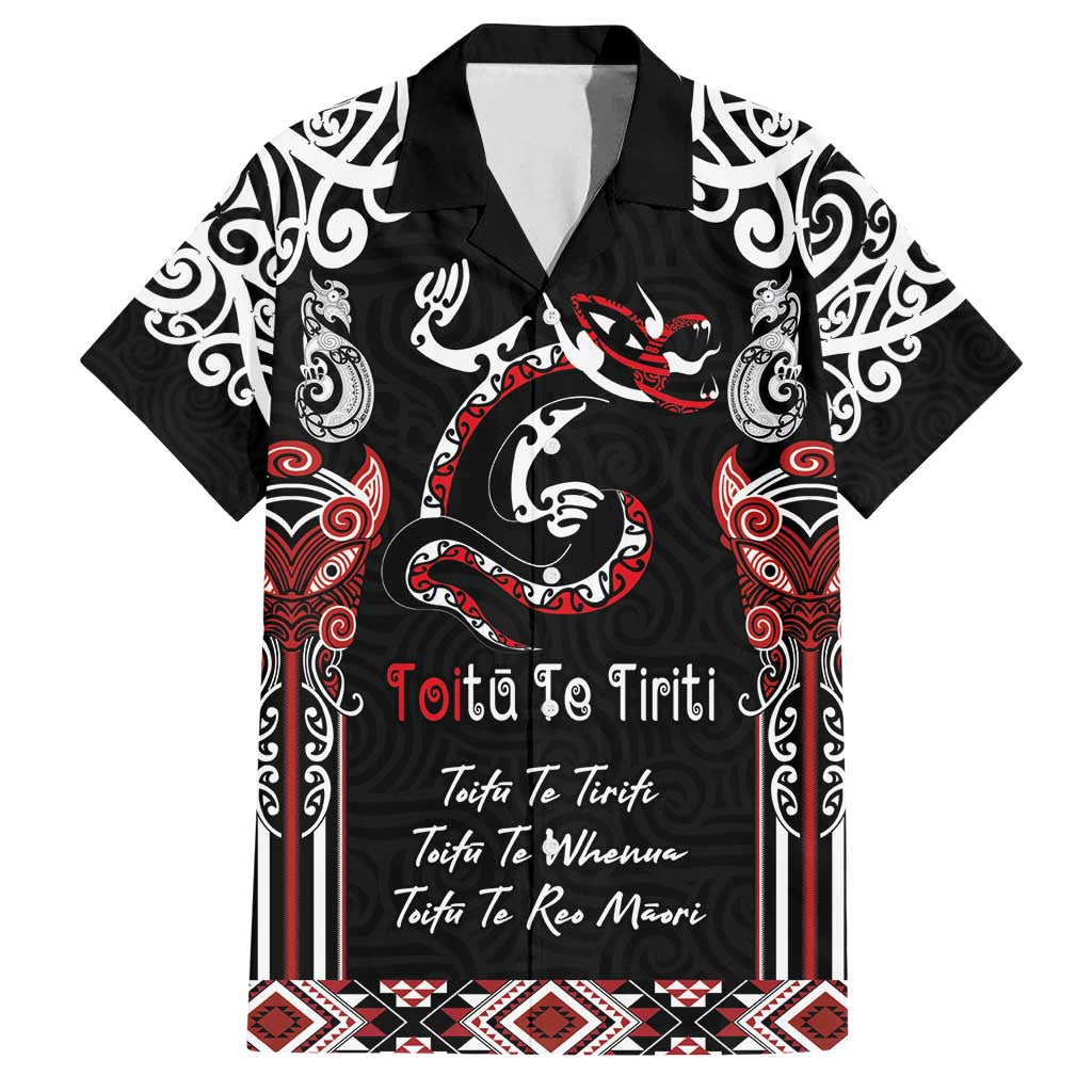 Aotearoa Toitu Te Tiriti-Maori Taniwha Family Matching Off Shoulder Short Dress and Hawaiian Shirt Toitu Te Whenua Toitu Te Reo Maori