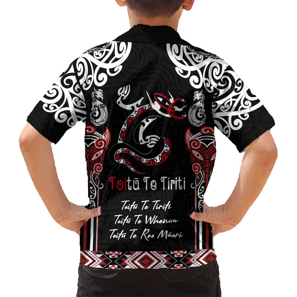 Aotearoa Toitu Te Tiriti-Maori Taniwha Family Matching Short Sleeve Bodycon Dress and Hawaiian Shirt Toitu Te Whenua Toitu Te Reo Maori