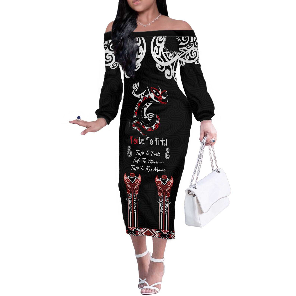 Aotearoa Toitu Te Tiriti-Maori Taniwha Off The Shoulder Long Sleeve Dress Toitu Te Whenua Toitu Te Reo Maori
