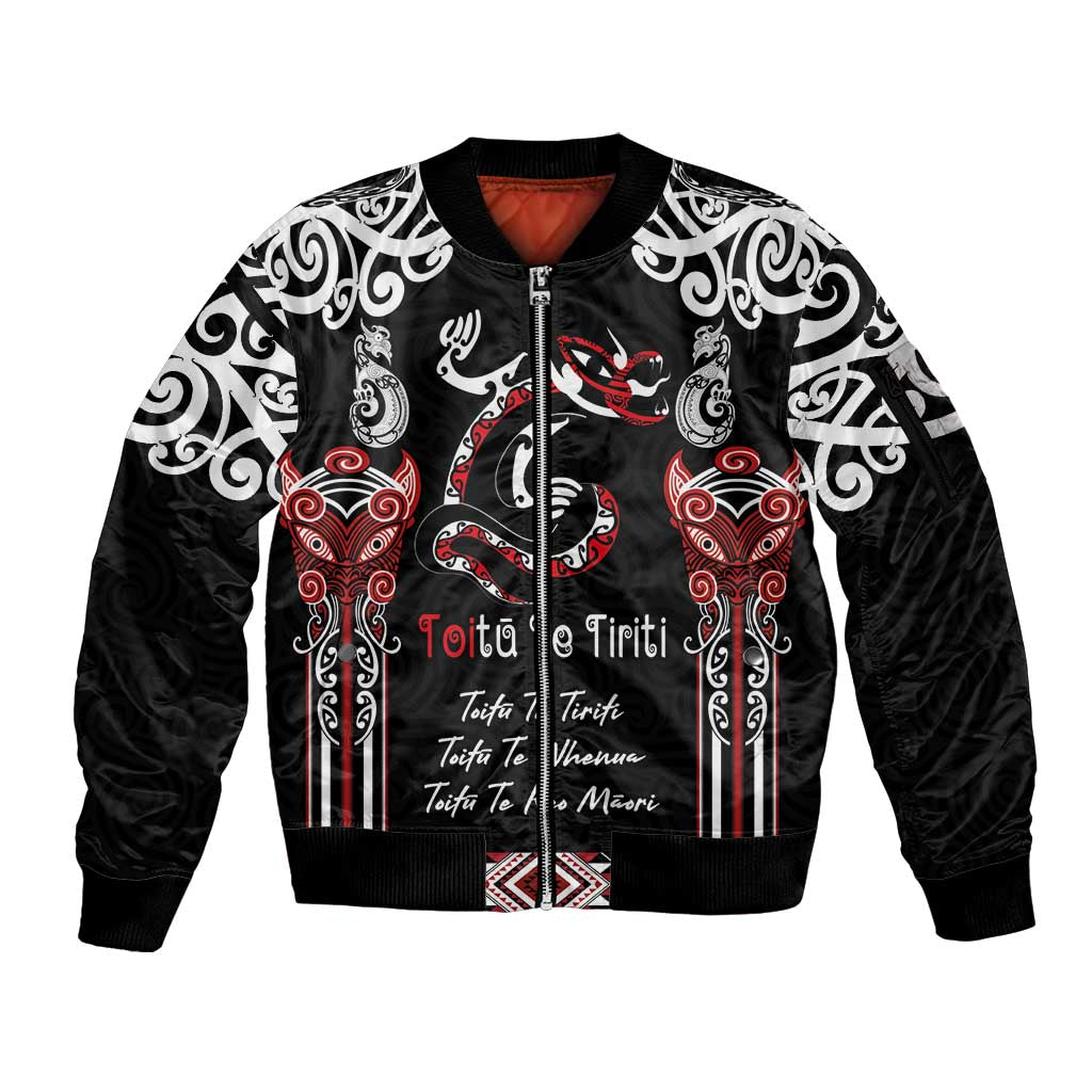 Aotearoa Toitu Te Tiriti-Maori Taniwha Sleeve Zip Bomber Jacket Toitu Te Whenua Toitu Te Reo Maori