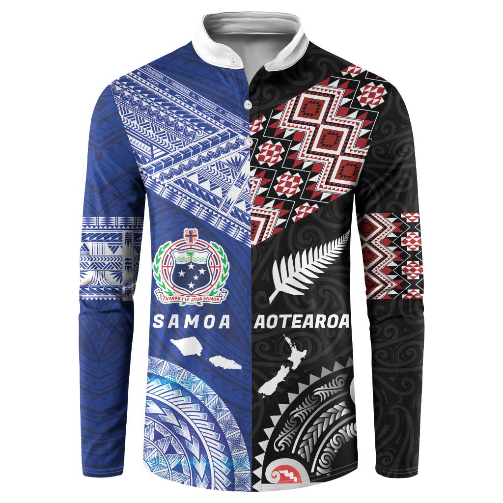 Personalised Aotearoa and Samoa Together Button Sweatshirt Tatau Art Tattoos-Taniko and Tukutuku with Maori Pattern