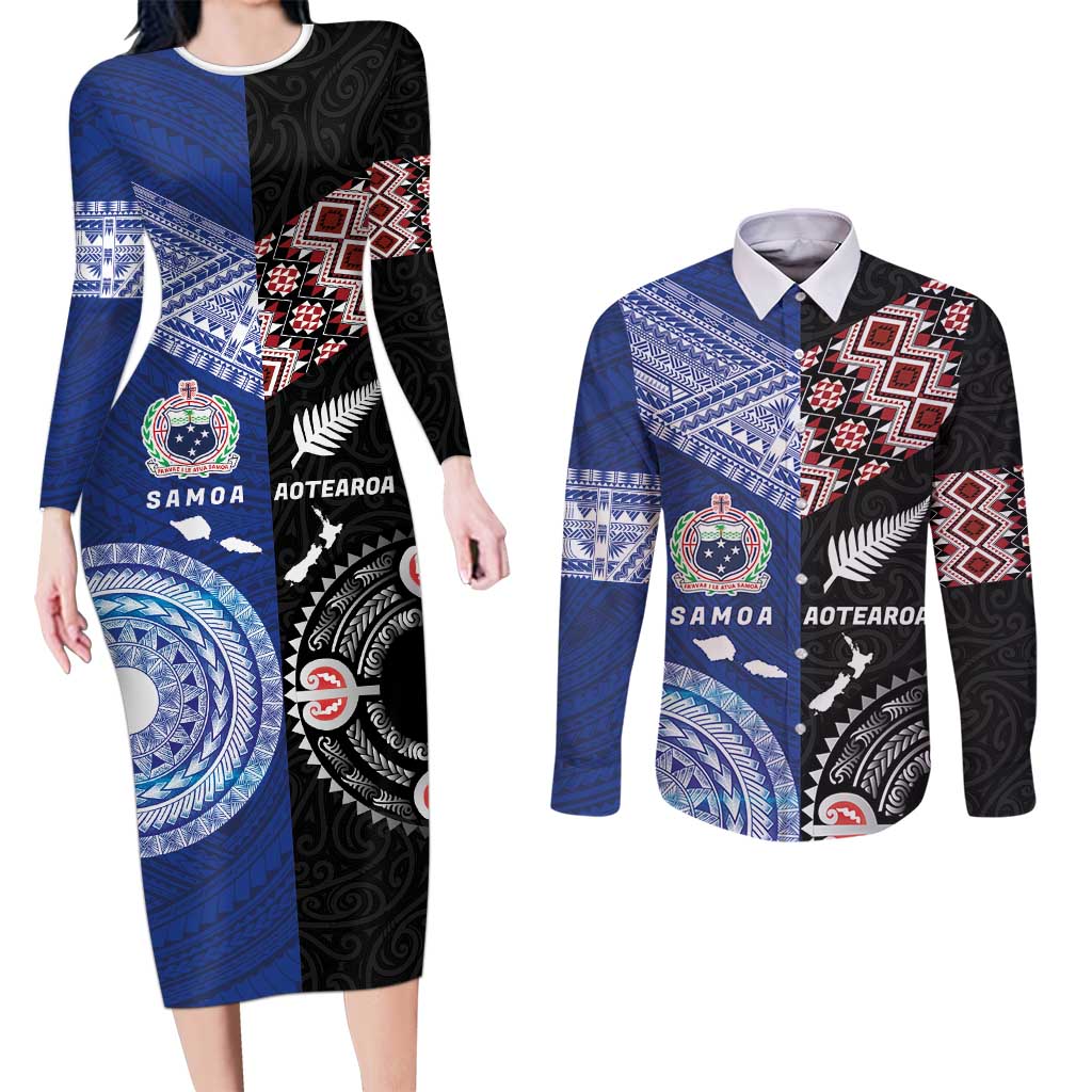Personalised Aotearoa and Samoa Together Couples Matching Long Sleeve Bodycon Dress and Long Sleeve Button Shirt Tatau Art Tattoos-Taniko and Tukutuku with Maori Pattern