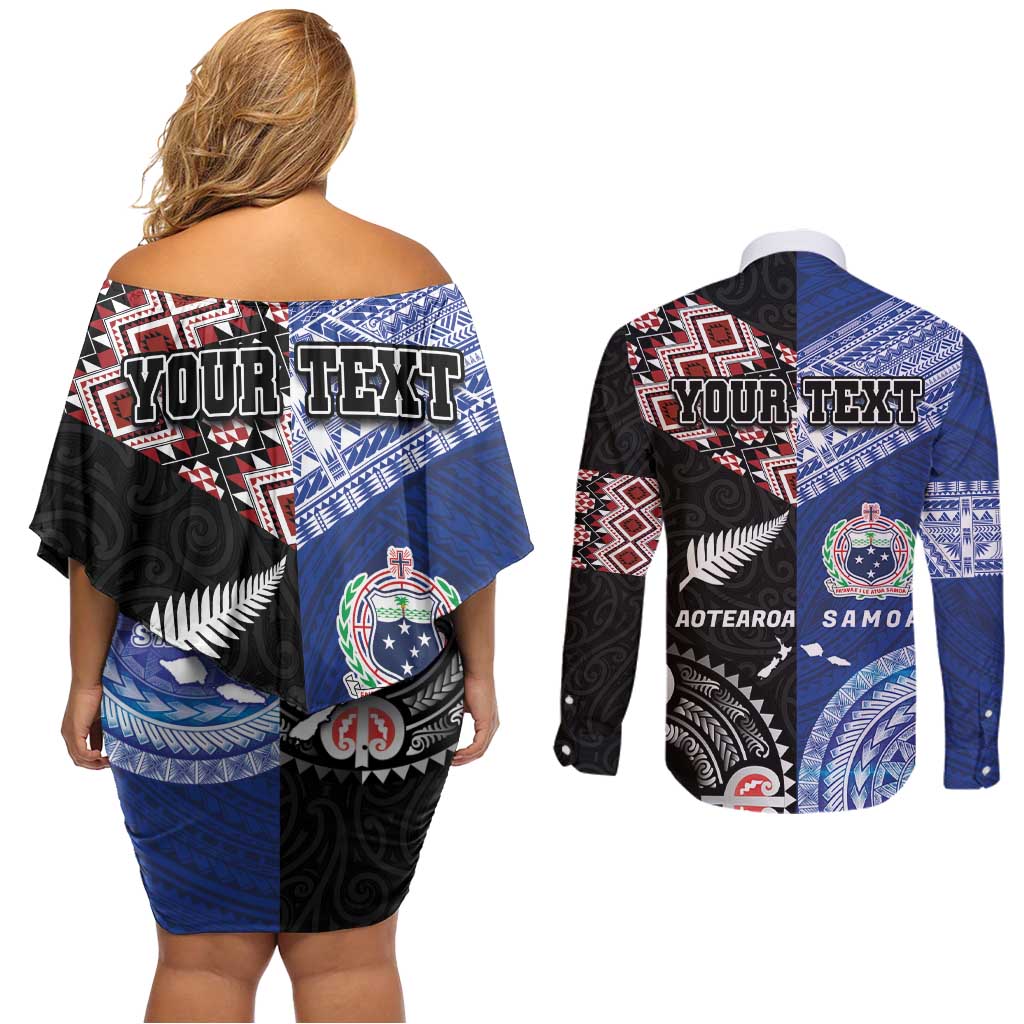 Personalised Aotearoa and Samoa Together Couples Matching Off Shoulder Short Dress and Long Sleeve Button Shirt Tatau Art Tattoos-Taniko and Tukutuku with Maori Pattern