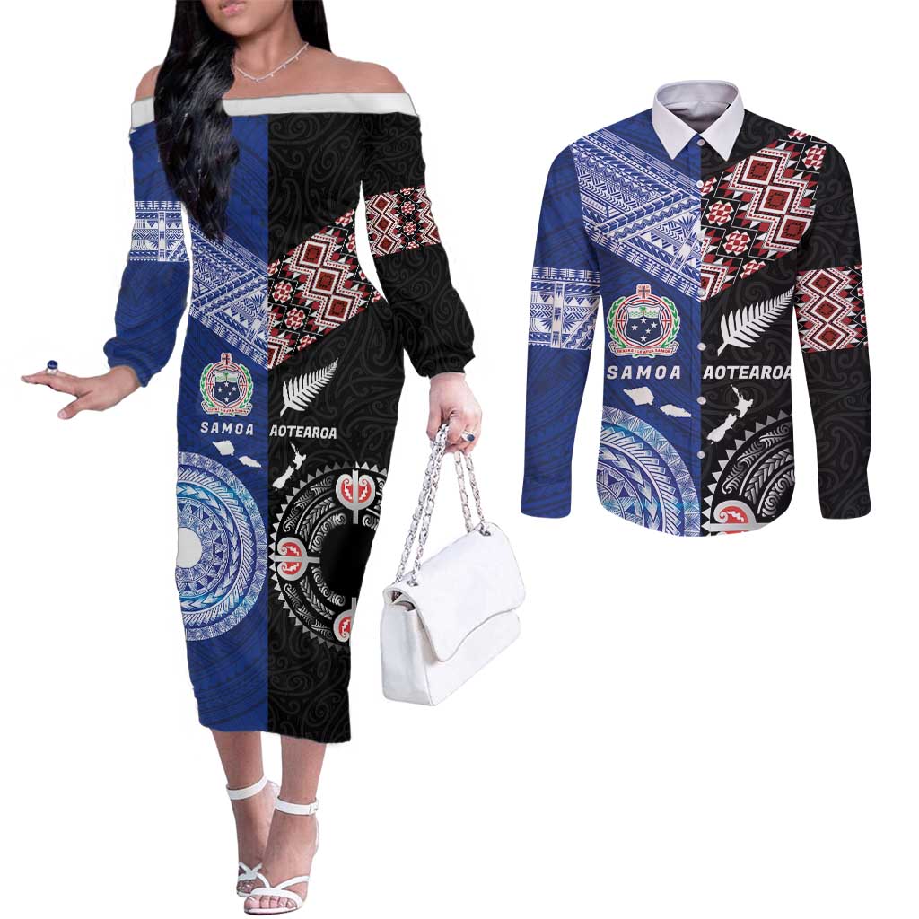 Personalised Aotearoa and Samoa Together Couples Matching Off The Shoulder Long Sleeve Dress and Long Sleeve Button Shirt Tatau Art Tattoos-Taniko and Tukutuku with Maori Pattern