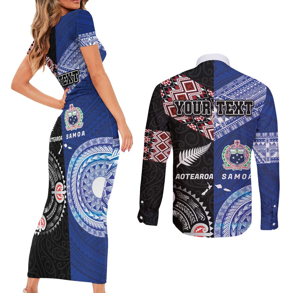 Personalised Aotearoa and Samoa Together Couples Matching Short Sleeve Bodycon Dress and Long Sleeve Button Shirt Tatau Art Tattoos-Taniko and Tukutuku with Maori Pattern
