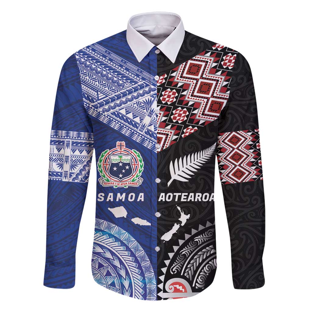 Personalised Aotearoa and Samoa Together Family Matching Off Shoulder Maxi Dress and Hawaiian Shirt Tatau Art Tattoos-Taniko and Tukutuku with Maori Pattern