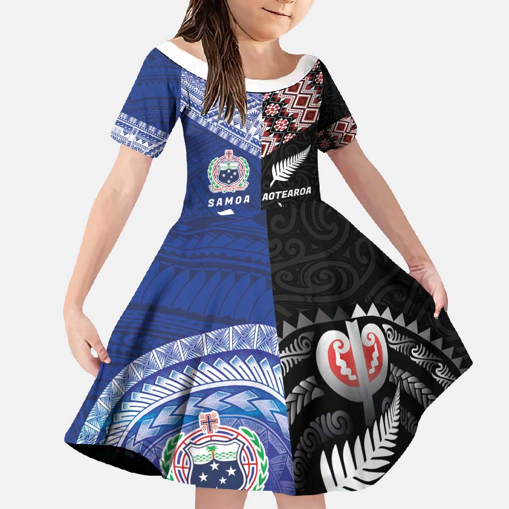 Personalised Aotearoa and Samoa Together Family Matching Tank Maxi Dress and Hawaiian Shirt Tatau Art Tattoos-Taniko and Tukutuku with Maori Pattern LT03 Daughter's Dress Black - Polynesian Pride