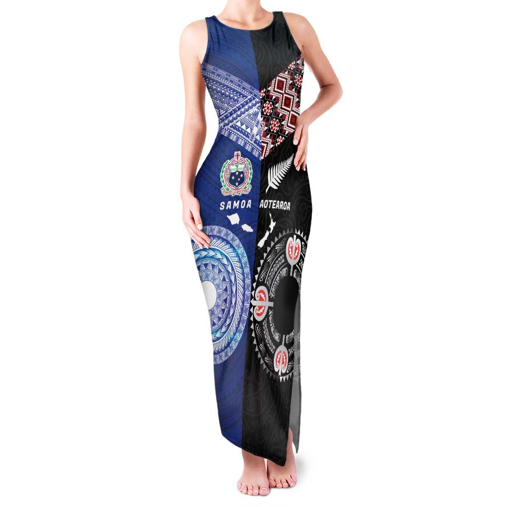 Personalised Aotearoa and Samoa Together Family Matching Tank Maxi Dress and Hawaiian Shirt Tatau Art Tattoos-Taniko and Tukutuku with Maori Pattern LT03 Mom's Dress Black - Polynesian Pride