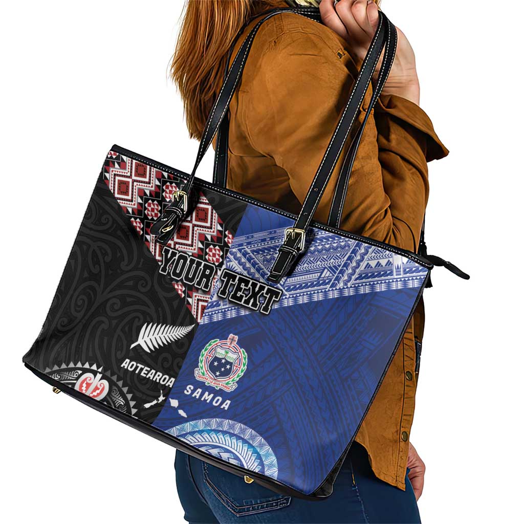 Personalised Aotearoa and Samoa Together Leather Tote Bag Tatau Art Tattoos-Taniko and Tukutuku with Maori Pattern