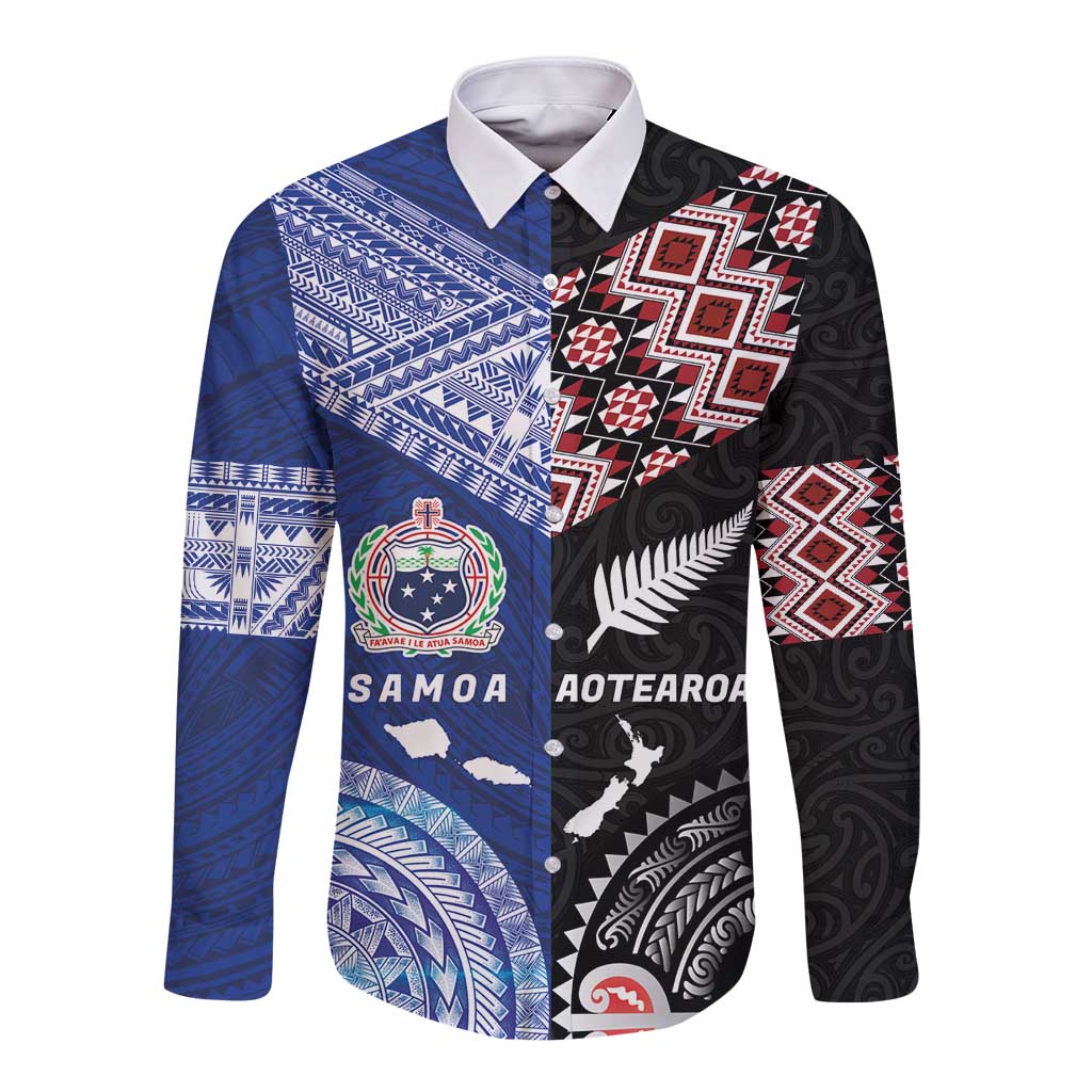 Personalised Aotearoa and Samoa Together Long Sleeve Button Shirt Tatau Art Tattoos-Taniko and Tukutuku with Maori Pattern