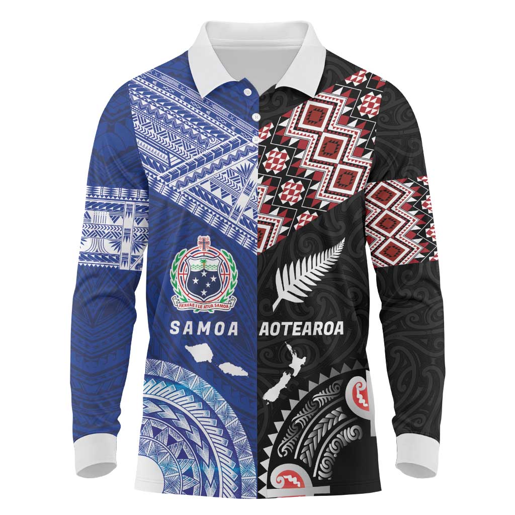 Personalised Aotearoa and Samoa Together Long Sleeve Polo Shirt Tatau Art Tattoos-Taniko and Tukutuku with Maori Pattern