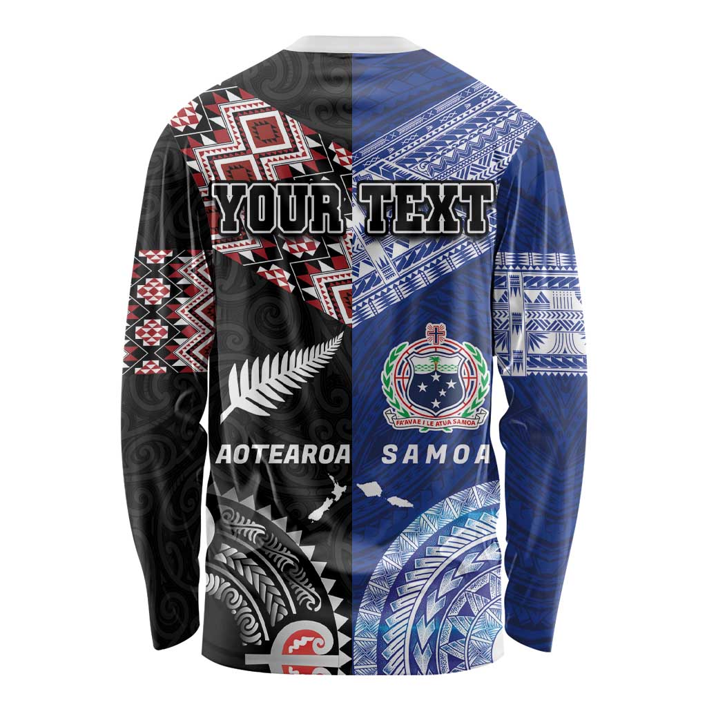 Personalised Aotearoa and Samoa Together Long Sleeve Shirt Tatau Art Tattoos-Taniko and Tukutuku with Maori Pattern