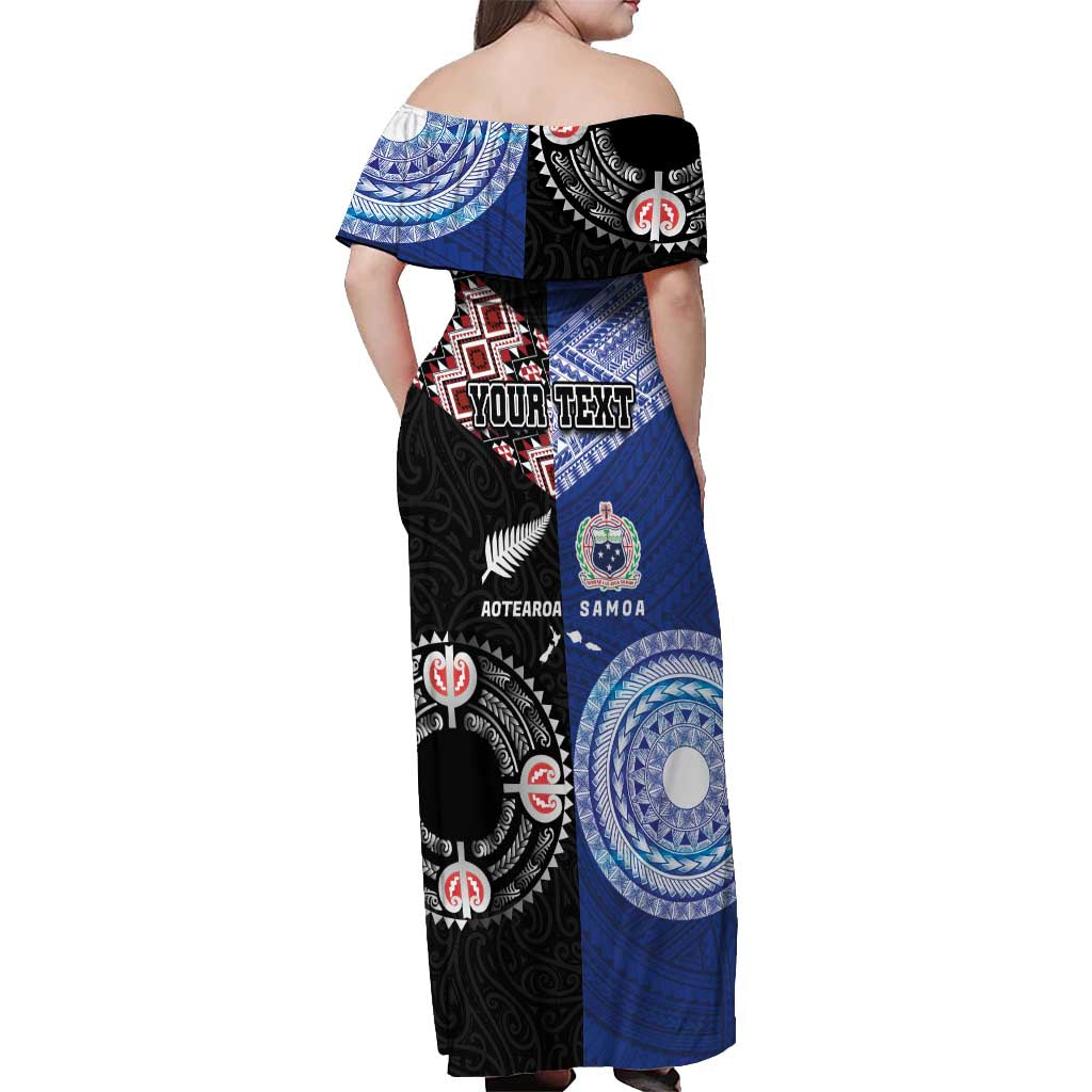 Personalised Aotearoa and Samoa Together Off Shoulder Maxi Dress Tatau Art Tattoos-Taniko and Tukutuku with Maori Pattern