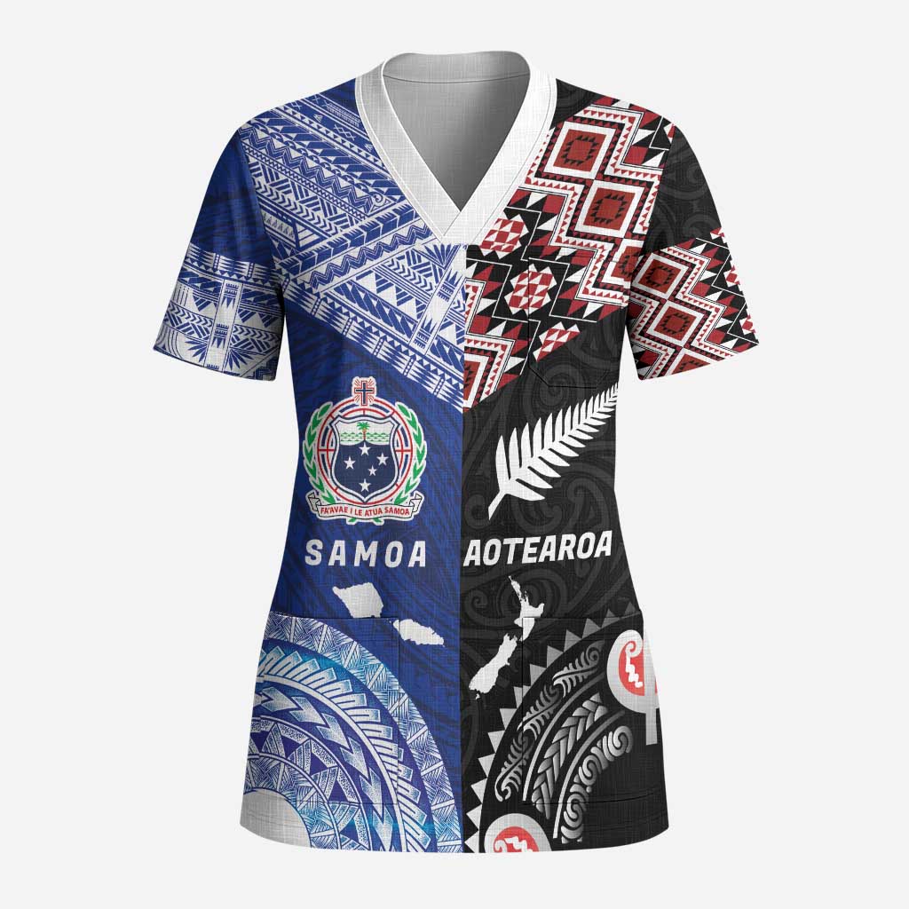 Personalised Aotearoa and Samoa Together Scrub Top Tatau Art Tattoos-Taniko and Tukutuku with Maori Pattern - Polynesian Pride