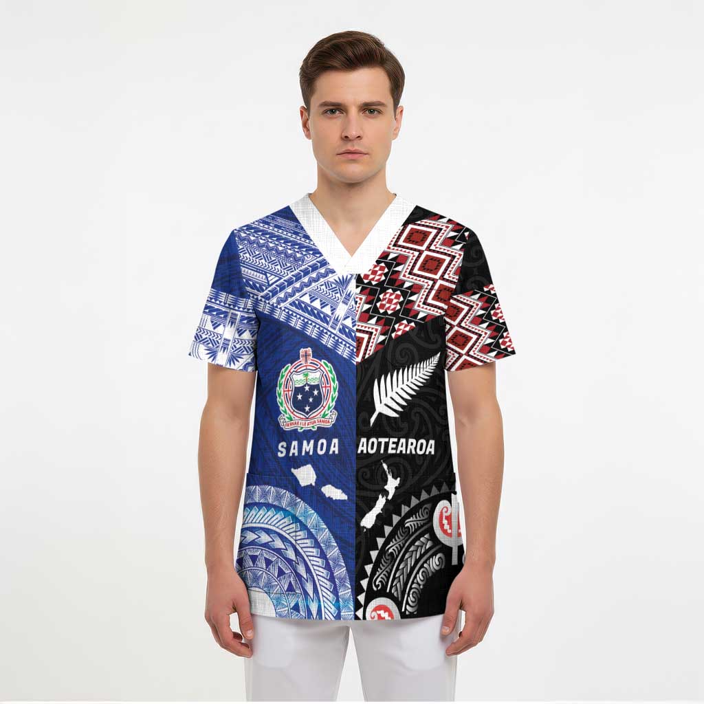 Personalised Aotearoa and Samoa Together Scrub Top Tatau Art Tattoos-Taniko and Tukutuku with Maori Pattern - Polynesian Pride