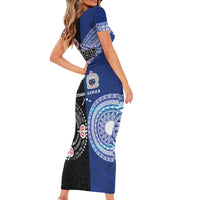 Personalised Aotearoa and Samoa Together Short Sleeve Bodycon Dress Tatau Art Tattoos-Taniko and Tukutuku with Maori Pattern