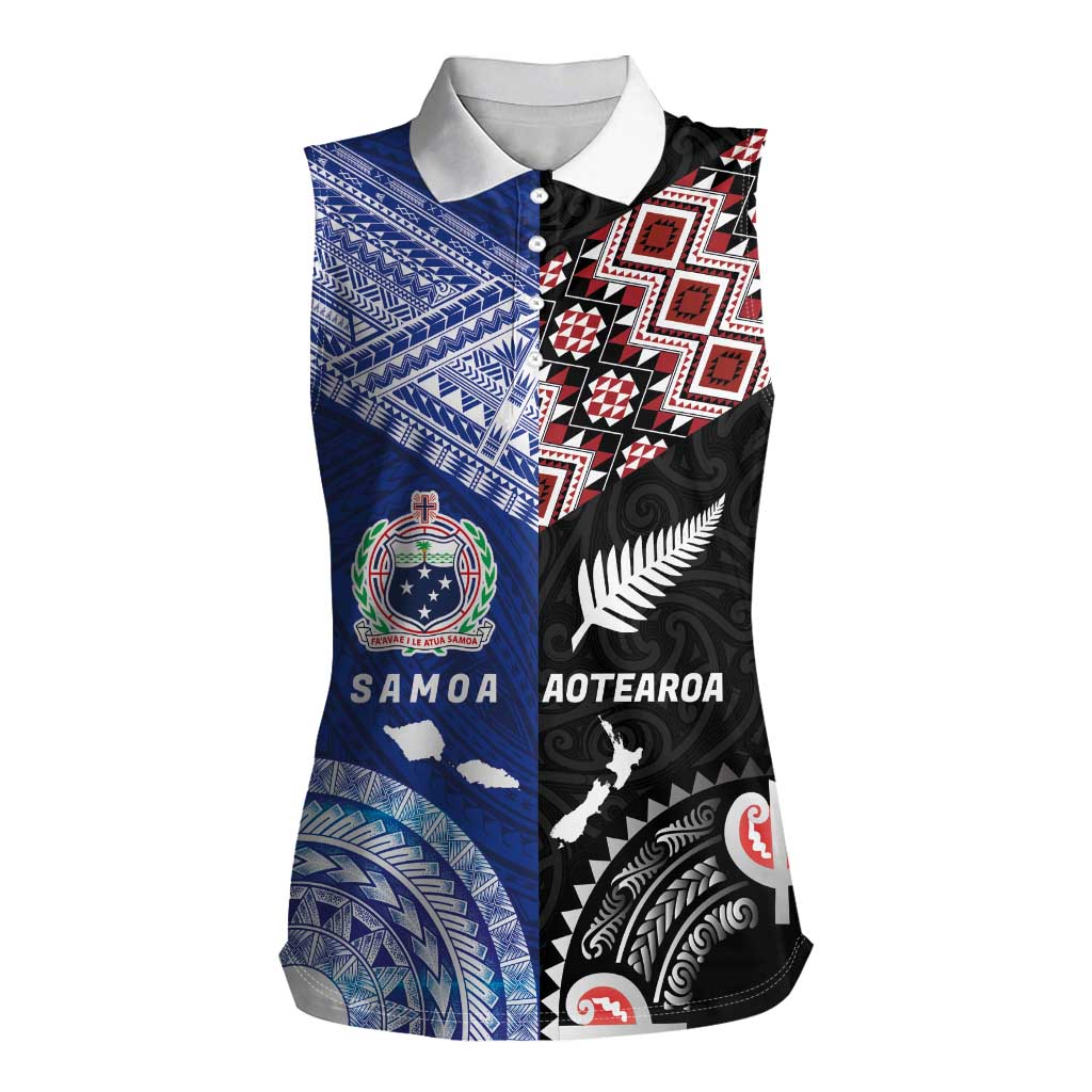 Personalised Aotearoa and Samoa Together Women Sleeveless Polo Shirt Tatau Art Tattoos-Taniko and Tukutuku with Maori Pattern
