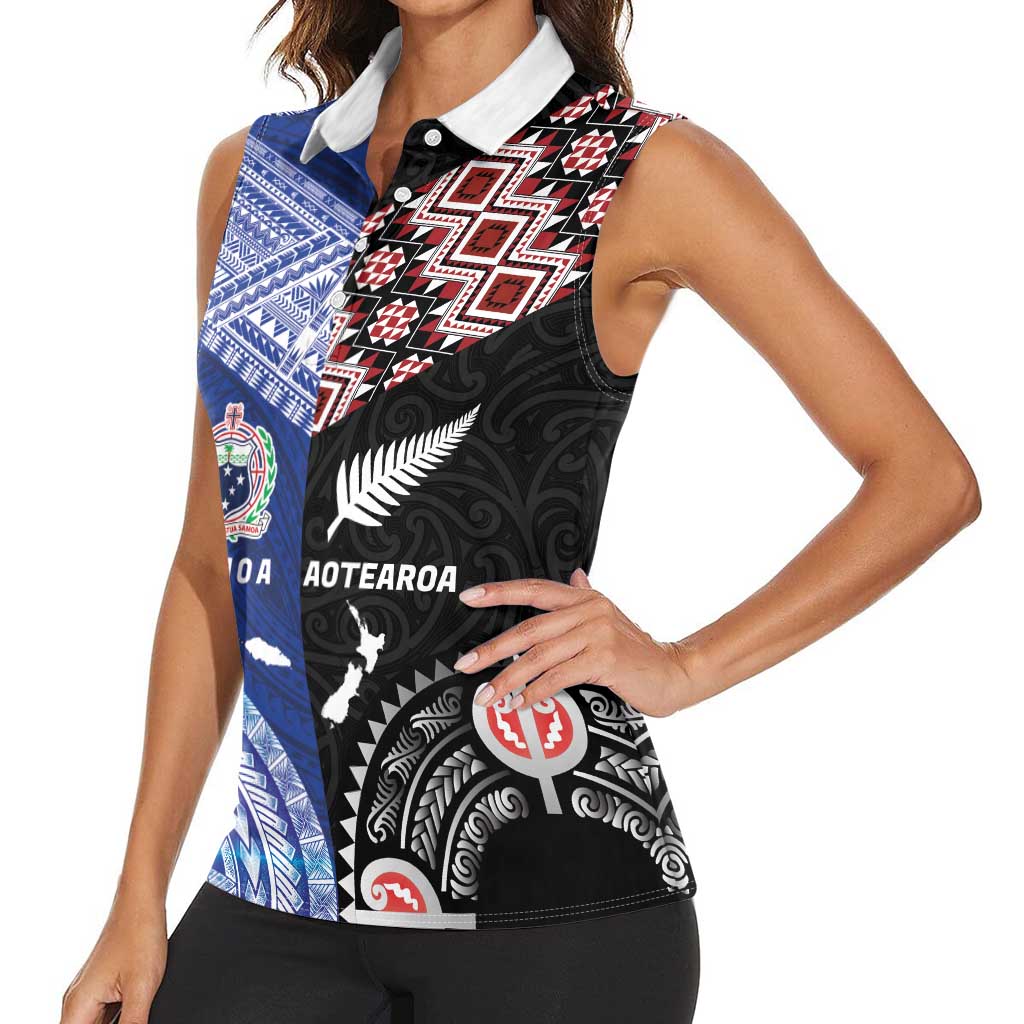 Personalised Aotearoa and Samoa Together Women Sleeveless Polo Shirt Tatau Art Tattoos-Taniko and Tukutuku with Maori Pattern