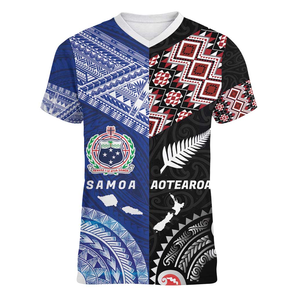 Personalised Aotearoa and Samoa Together Women V-Neck T-Shirt Tatau Art Tattoos-Taniko and Tukutuku with Maori Pattern