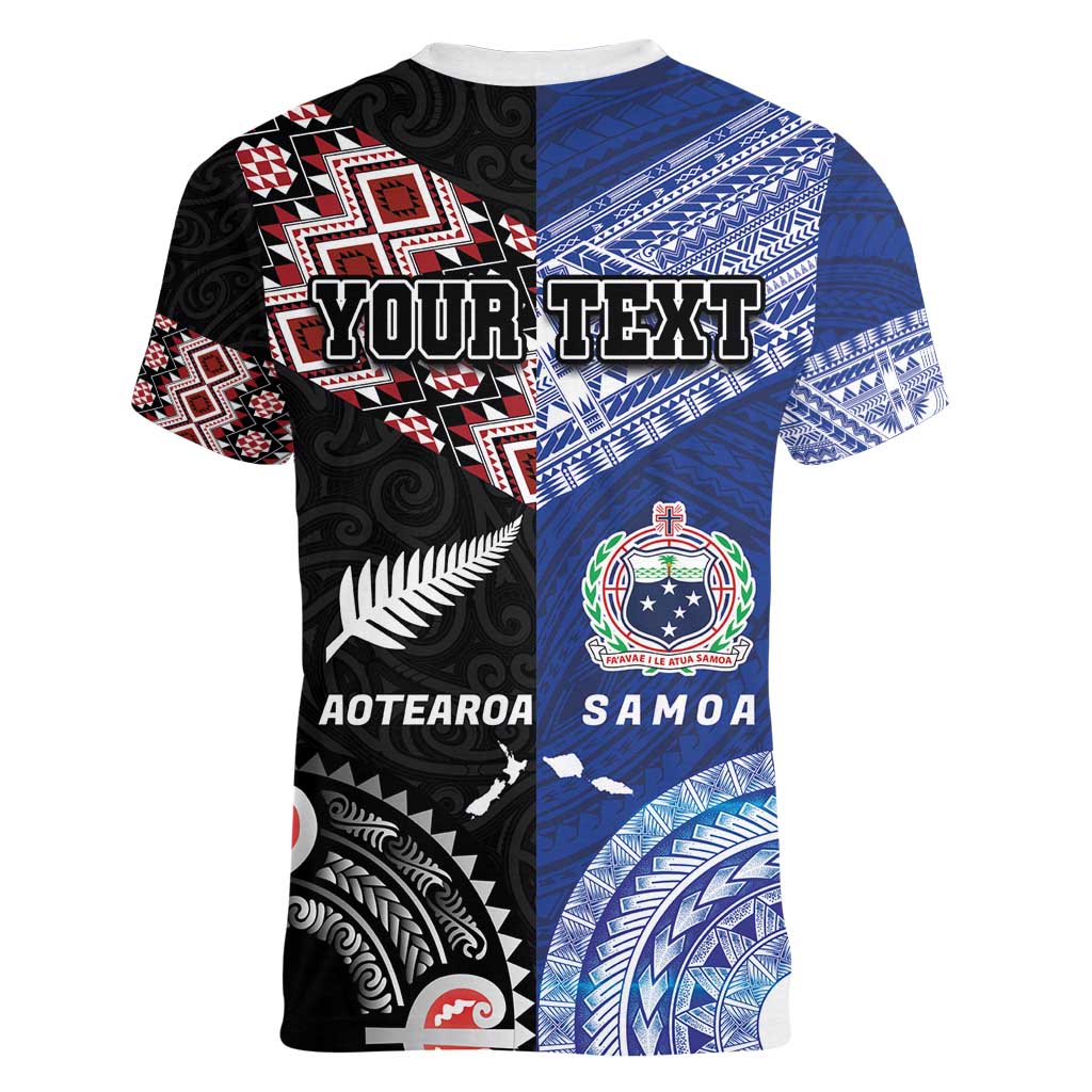 Personalised Aotearoa and Samoa Together Women V-Neck T-Shirt Tatau Art Tattoos-Taniko and Tukutuku with Maori Pattern